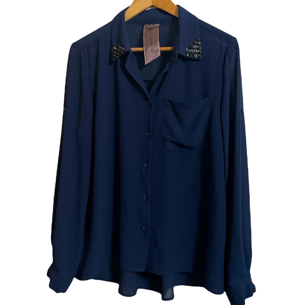 Moon Collection Navy sheer button down top With cuff buttoned rolled sleeves